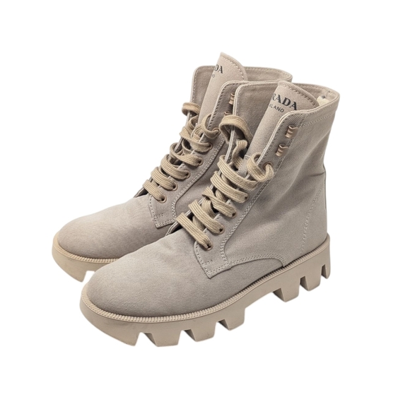 Prada Rocksand Light Beige Washed Denim Canvas Combat Lug Boots Size EU 38.5 - Picture 1 of 16